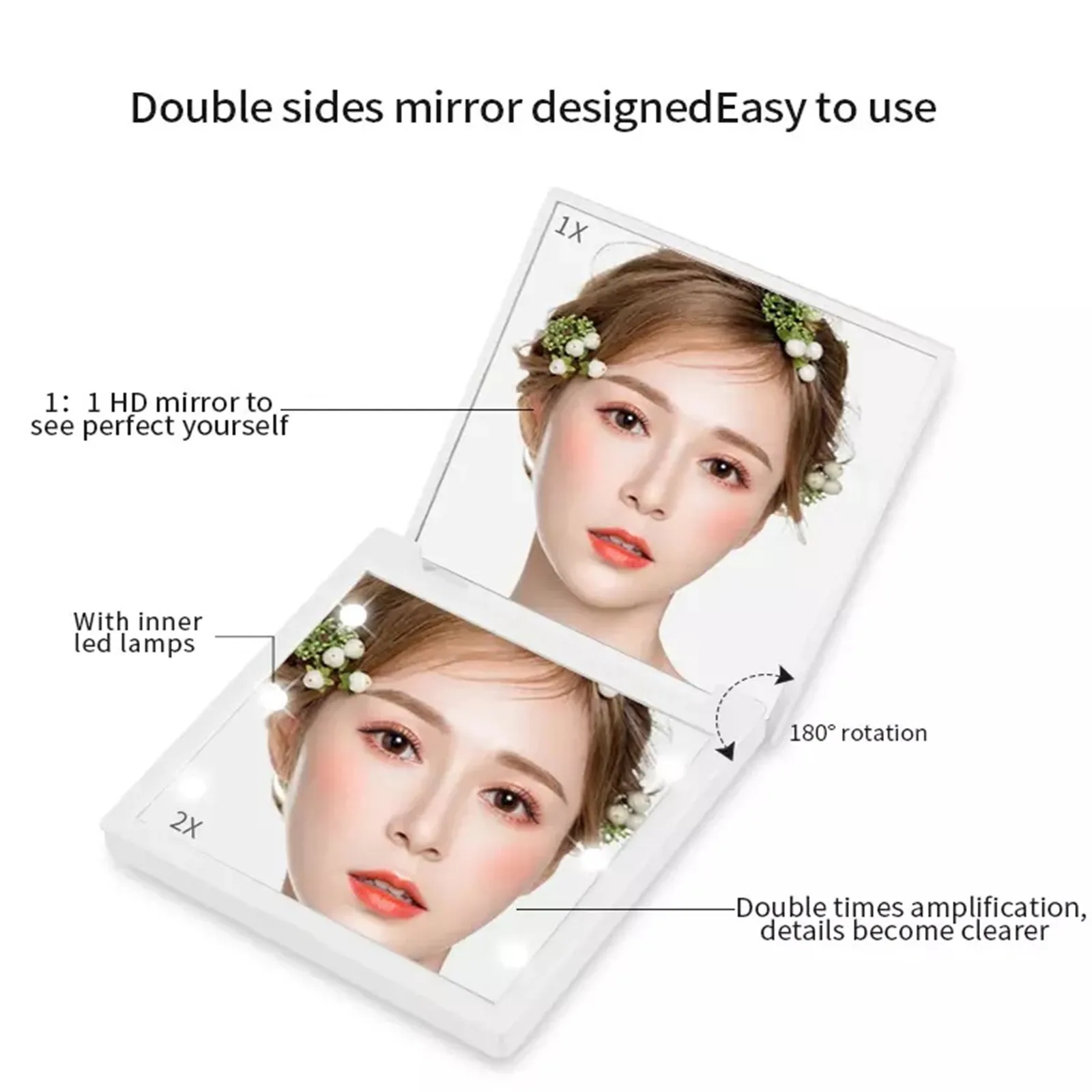 6 Led Makeup Mirror With Light 1x 2x Magnifying Small Pocket Portable Travel Pink Black White Foldable Cosmetic Vanity Mirrors