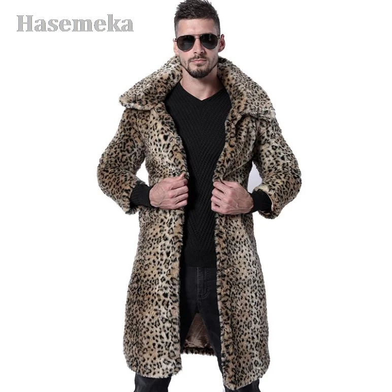 

Men's Single Breasted Real Fur Leopard Trench Winter Casual Fashion Windbreaker Long Men's Coat Male Streetwear Jacket