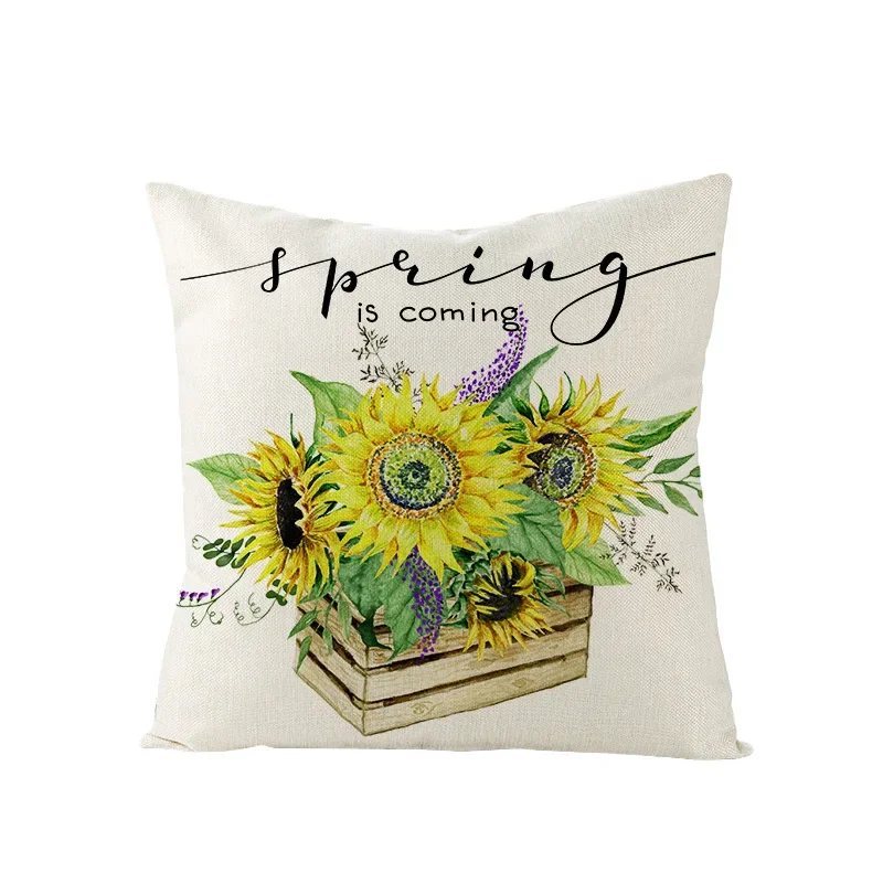 thumbnail image 1 of Funda de cojín de lino con estampado de girasol y abeja para decoración del hogar, 45 x 45 cm, estilo rústico, 1 of 5