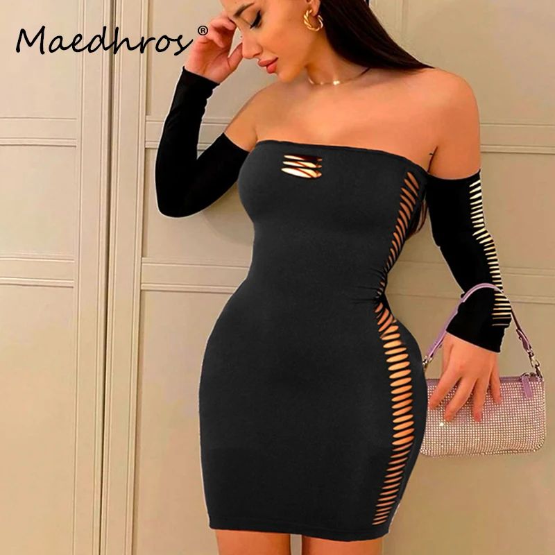 

Однотонное женское облегающее мини-платье с длинным рукавом и вырезами, Осеннее женское вечернее платье, элегантное платье, наряд для ночного клуба и отпуска