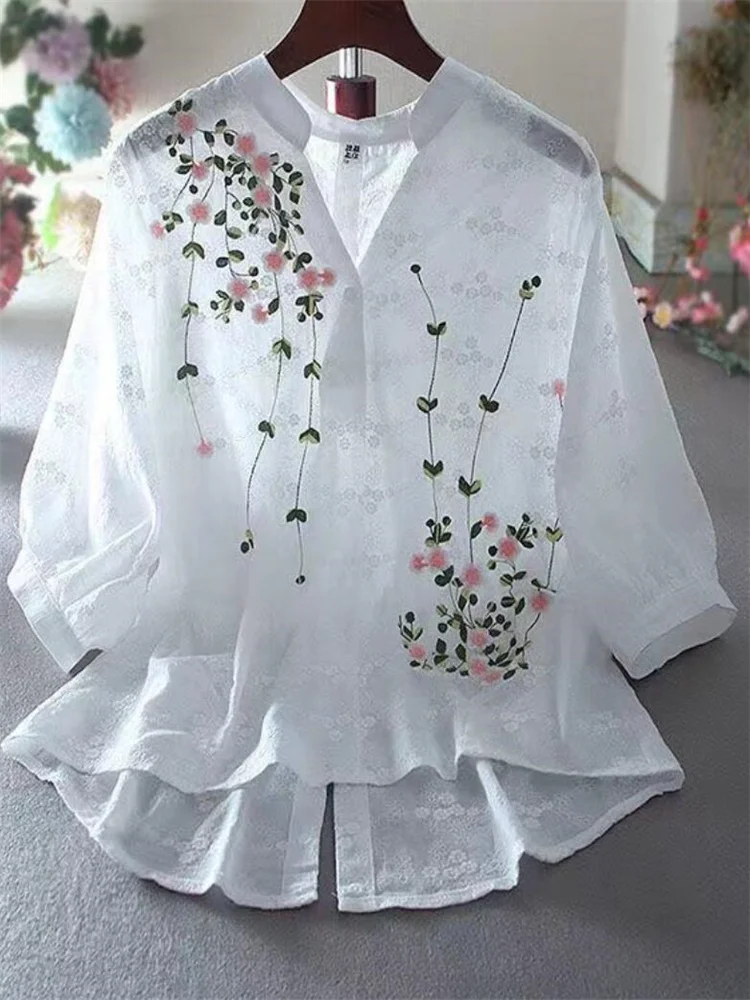 Women Summer Artsy Flower 100 Cotton V Neck Blouse main image 0