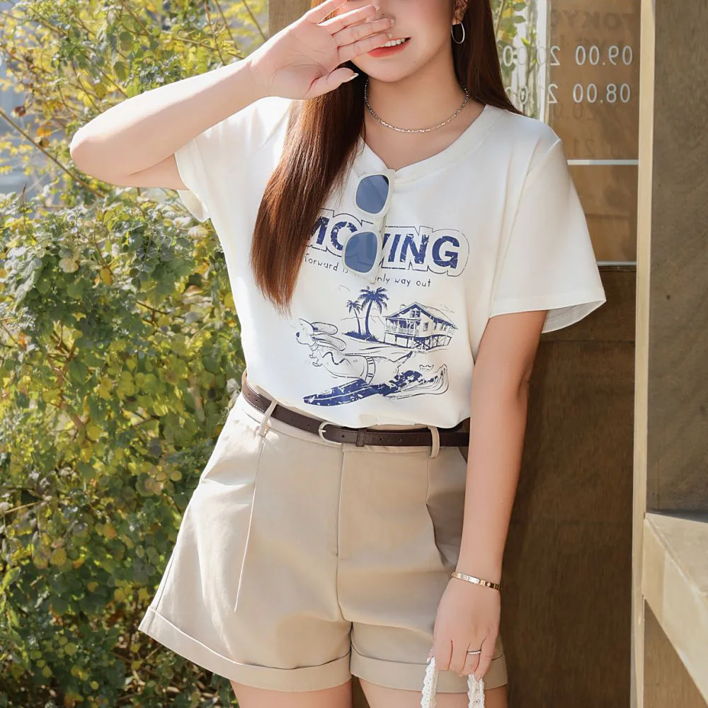 Women's Plus Size Loose Fit Surfing Dog Print Round Neck Short Sleeve T-Shirt Summer Premium Casual Cotton Top With Stretch