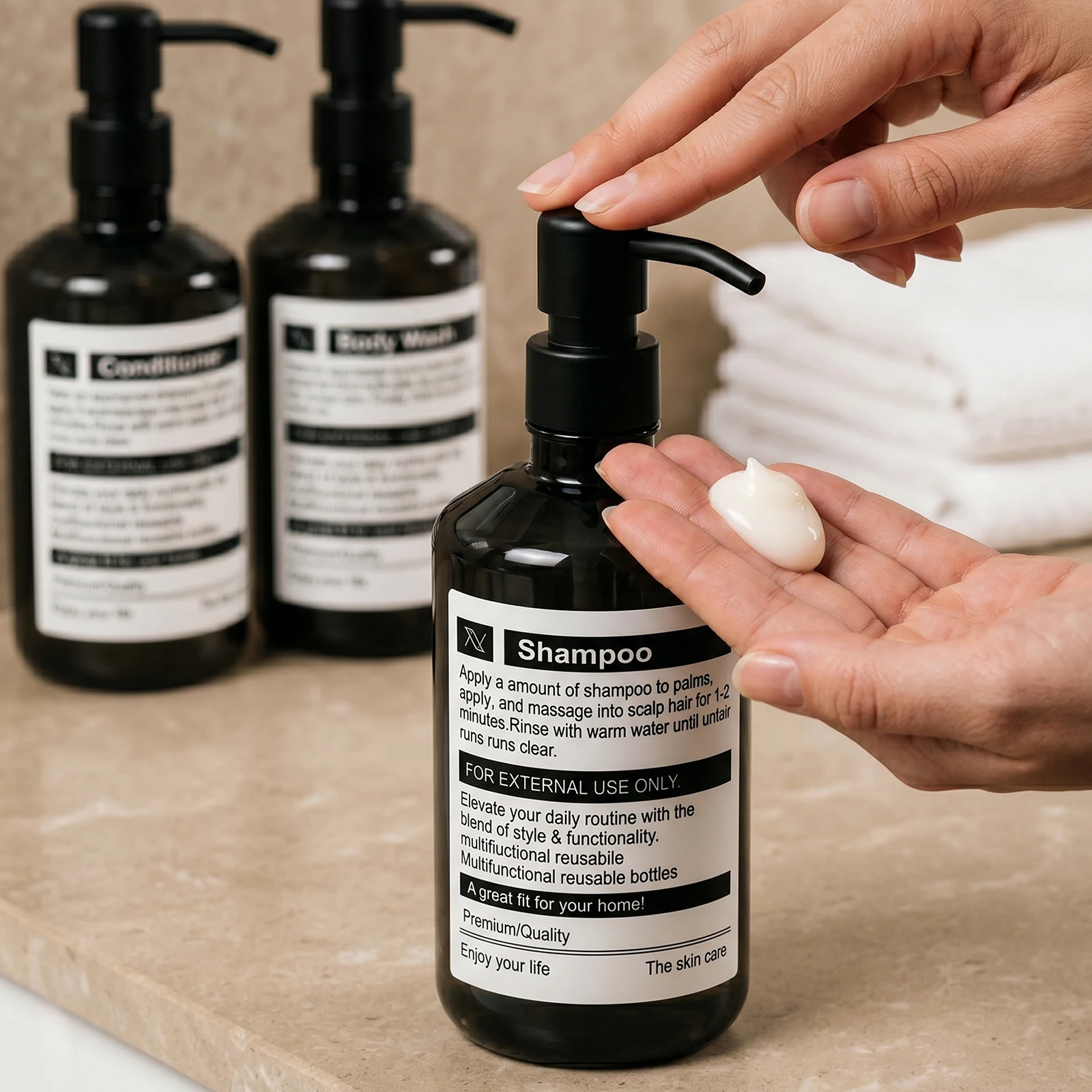 Deluxe Refillable Bathroom Dispenser Bottles for Shampoo, Conditioner, and Body Wash