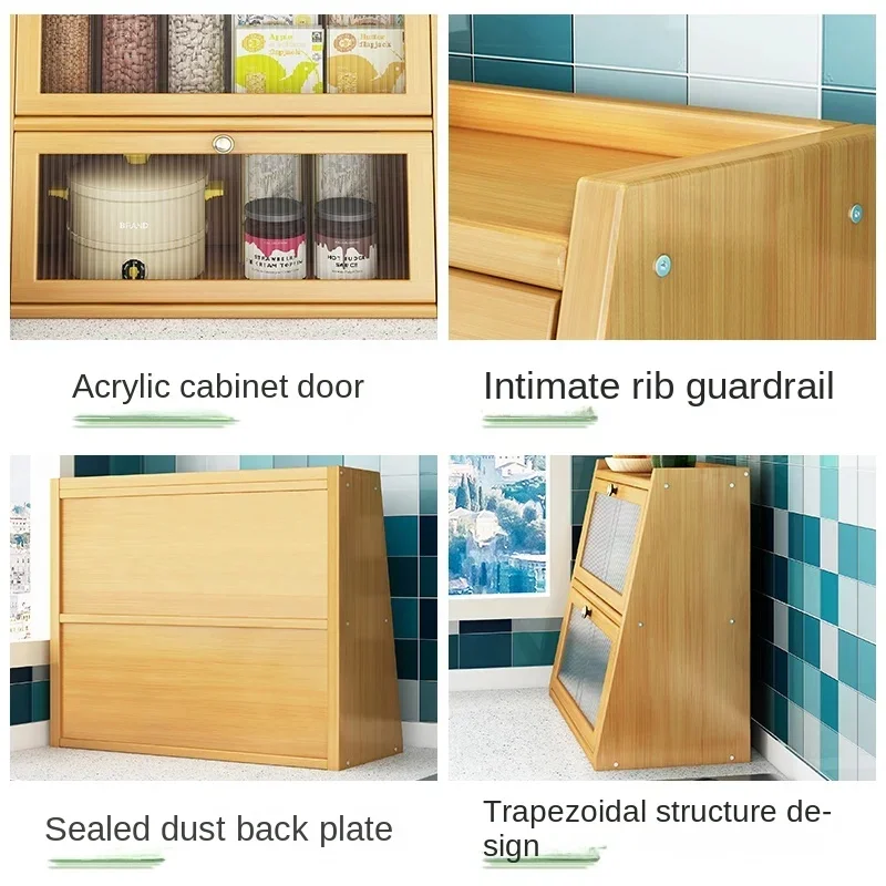Bamboo Kitchen Storage Cabinet Acrylic Door Tableware Rack Desktop Storage Organizer with Drawers Dish Display Cabinet