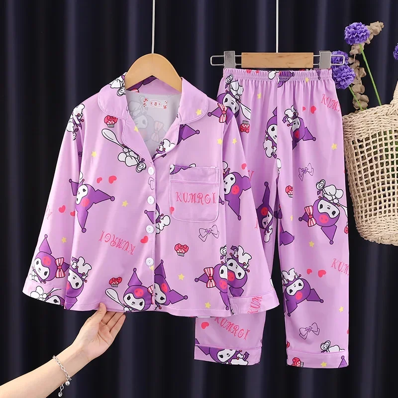 thumbnail image 1 of Sanrios My Melody Hello Kittys Cinnamoroll, conjunto de pijama con solapa estampado bonito para niños, cárdigan Kawaii, pantalones de manga larga, ropa para el hogar, 1 of 5