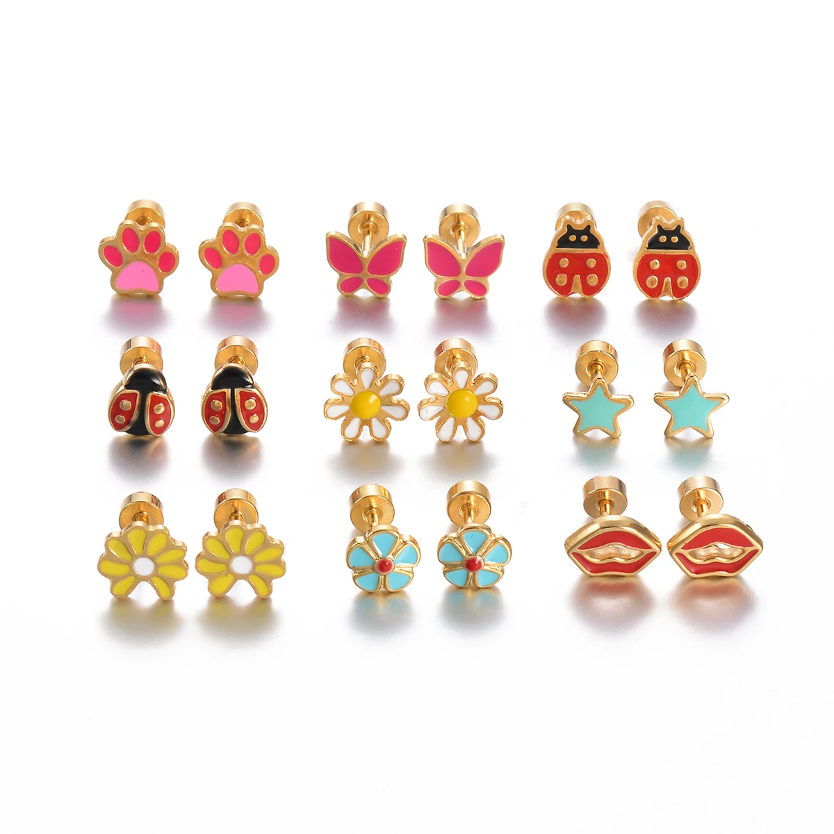1Pair Stainless Steel Cute Ear Post Stud Earrings Enamel Daisy Ladybug Butterfly Paw Red Lip Star Earring Girl Jewelry 2