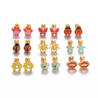 1Pair Stainless Steel Cute Ear Post Stud Earrings Enamel Daisy Ladybug Butterfly Paw Red Lip Star Earring Girl Jewelry 2