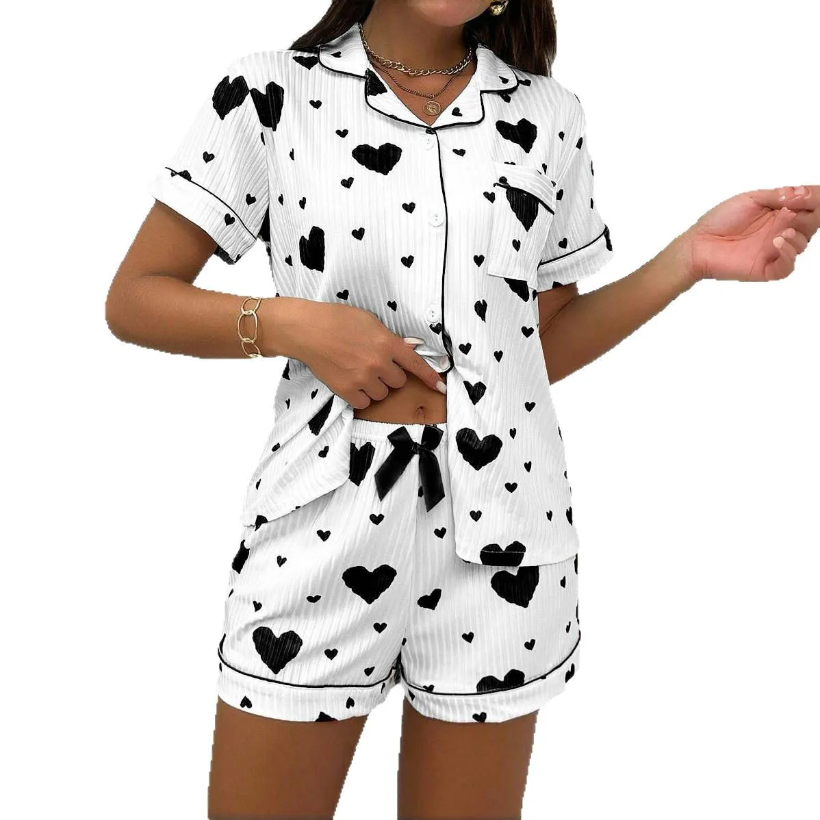 Coração impresso conjunto de pijama casual manga curta botão lapela topo e shorts elásticos pijama feminino respirável macio 5