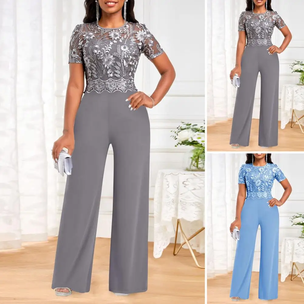 

Women Lace Jumpsuit Elegant Plus Size Lace Embroidered Summer Jumpsuit with Wide Leg Short Sleeves Women's High Waist Round Neck