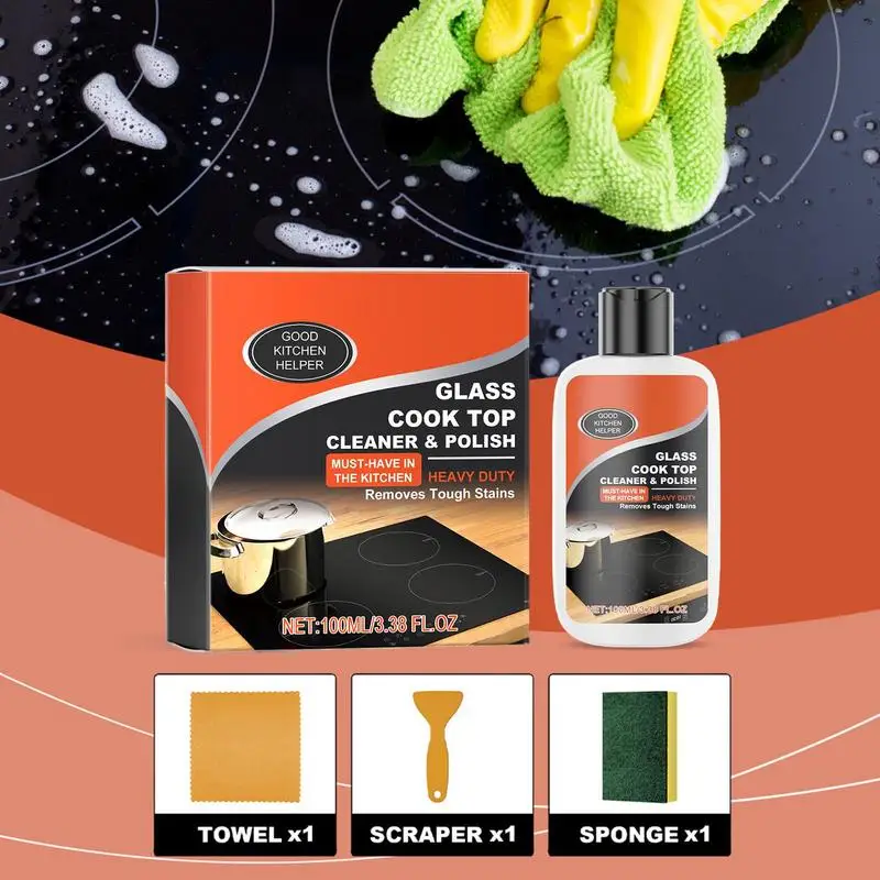 Cook Top Cleaning Kits Non-Scratch Cooktop Cleaner Heavy Duty Glass Cleaning Kit Non-Abrasive Ceramic Kitchen Degreaser Stove