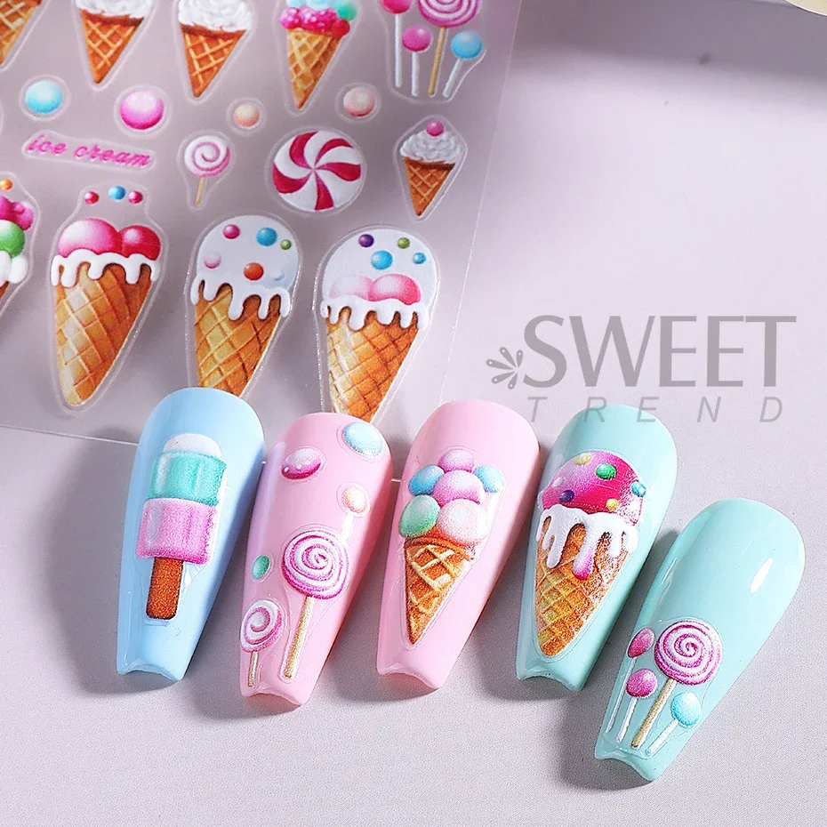 2pcs Ice Creams 3D Nail Stickers Summer Macaroon Candy Lollipops Cartoon Nail Decals DIY Adhesive Sliders Manicure Decorations