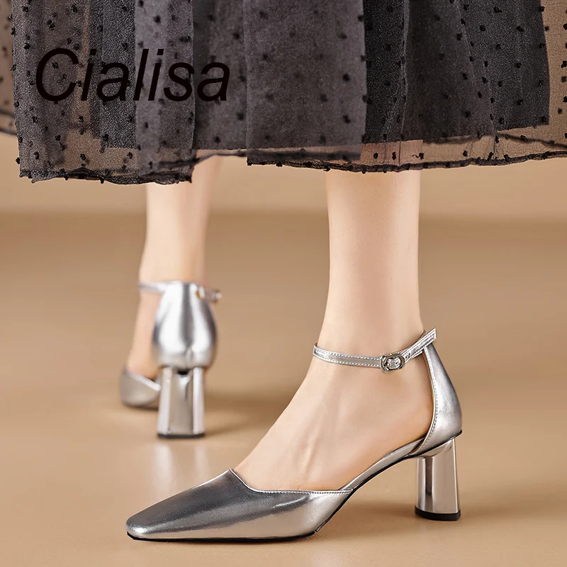 

Cialisa Elegant High Heel Women Shoes 2023 Summer Square Toe Silver Genuine Leather Sandals Party Dress Ankle Strap Lady Sandals