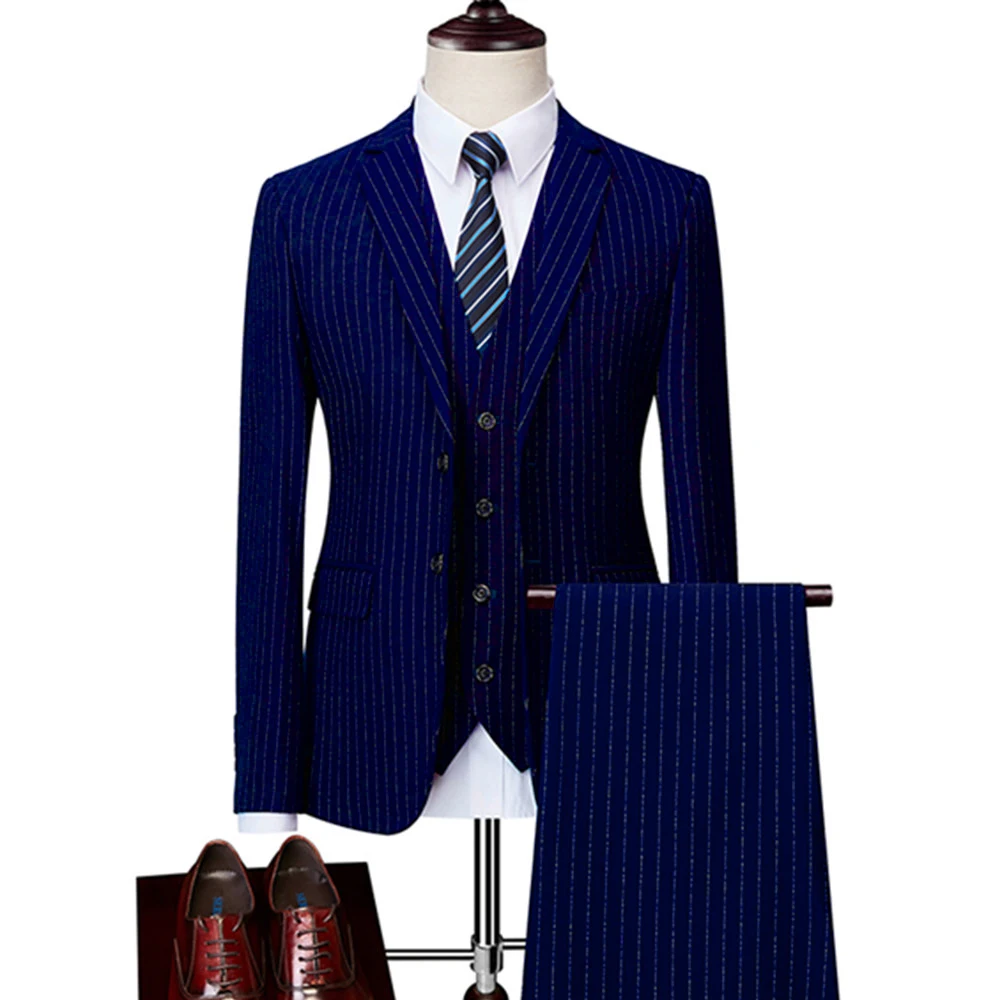 

2023 Men Business Stripe Slim Fit Wedding Groom Tuxedos Suits Blazer 2 3 Pcs Set Prom Suit Jacket Pants Vest M-6XL Coat Trousers
