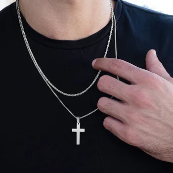 Plain stainless steel cross pendant with rope chain