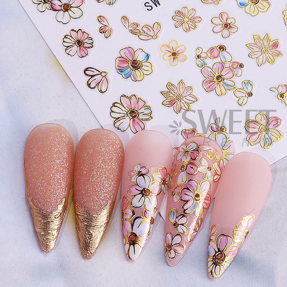 3pcs Gradient Butterfly Flower Nail Stickers 3D Bronzing Border Daisy Floral Petals Butterfly Adhesive Decals DIY Manicure Decor