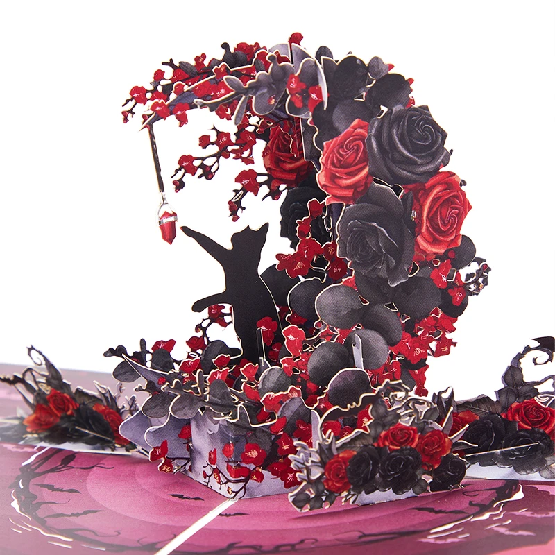 Exquisite Crescent-Shaped 3D Pop-Up Greeting Card – Elegant Black & Red Rose with C... - SKU PGC02230 - UGI Packaging