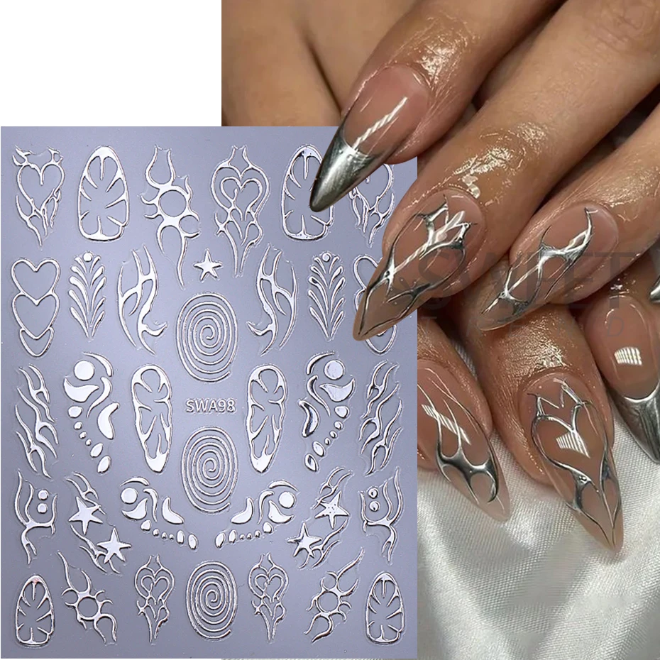 2pcs Metallic Silver Line Nail Art Sticker 3D Flame Line Bow Swirls Star Y2K Tatton Slider Decals DIY Holographic Manicure Decor