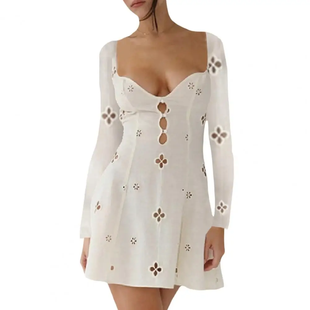 

Retro Dress V Neck Sleeveless Dress Floral Hollow Out Summer Dress Women 2023