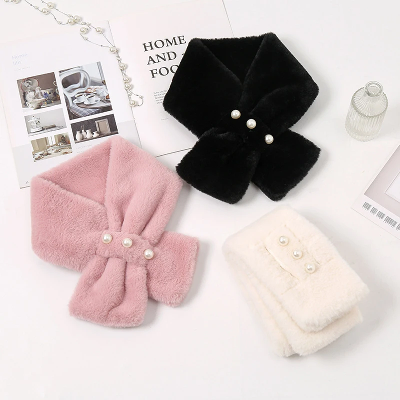 

Women Winter Plush Cross Scarf Thickened Warm Faux Rabbit Fur Scarf Multifunctional Neck Protection Pearls Collar Neck Scarves