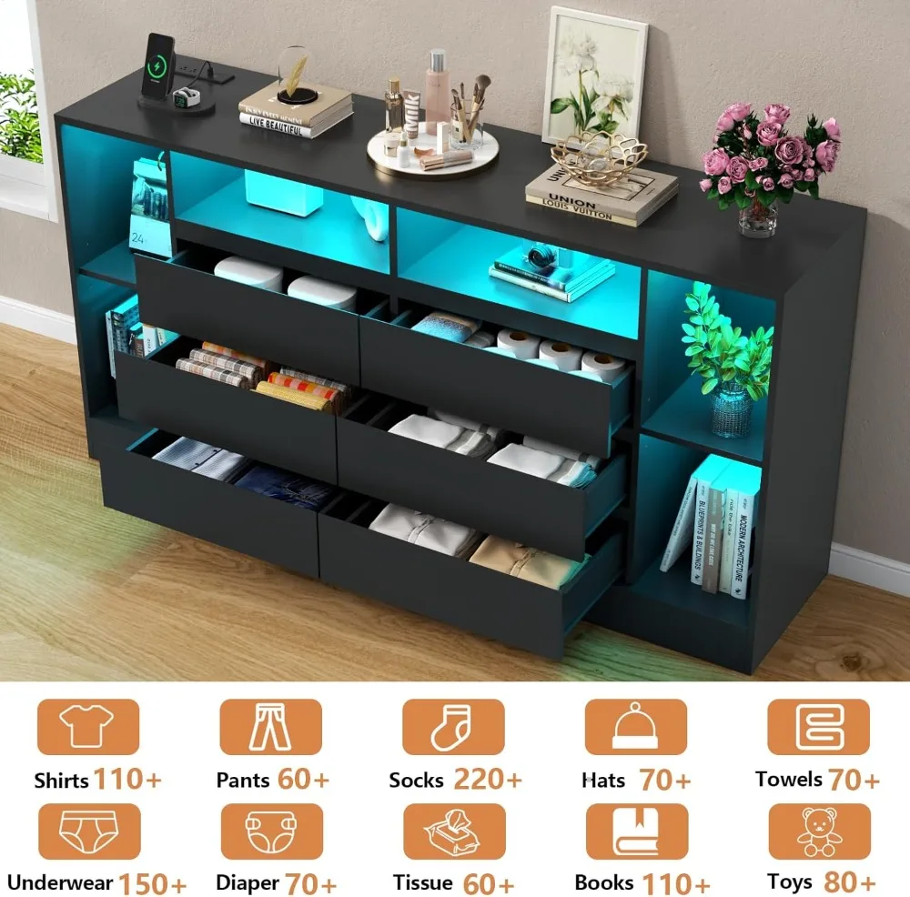 55" Modern Dresser with 6 Drawers, USB Charging, RGB LED Lighting & Open Storage - Black