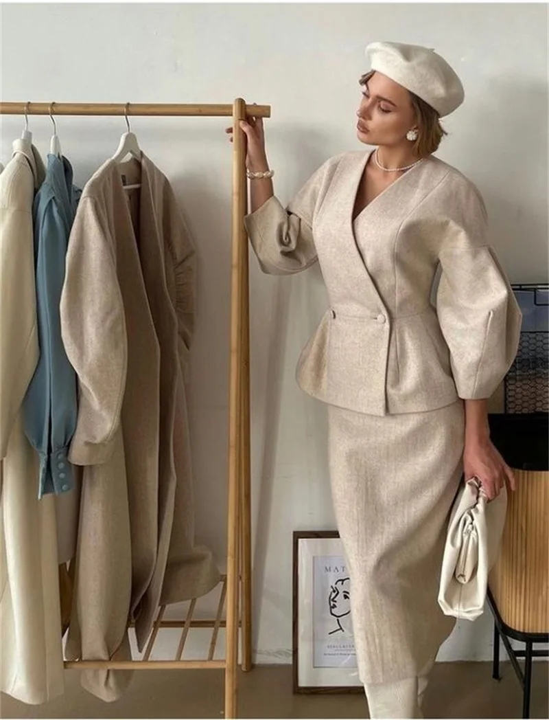 

Winter Cashmere Women Suit Skirt Sets Blazer+Dress Custom Made Double Breasted Thick Woolen Ankle Length 2Pcs Trench Coat Jacket