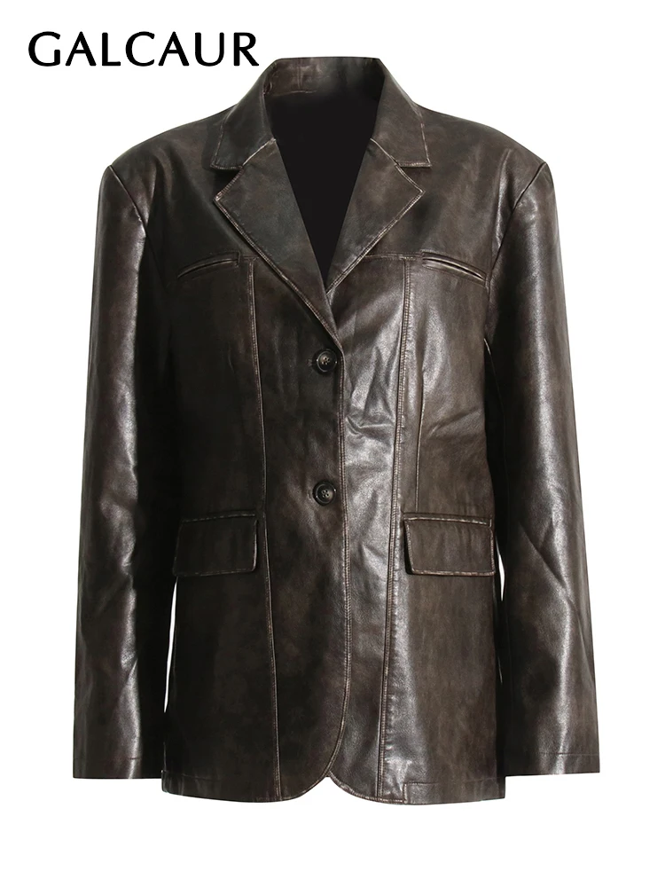 

GALCAUR Casual Vintage Leather Jackets For Women Lapel Long Sleeve Single Breasted Patchwork Pockets Autumn Fashion Coat Female