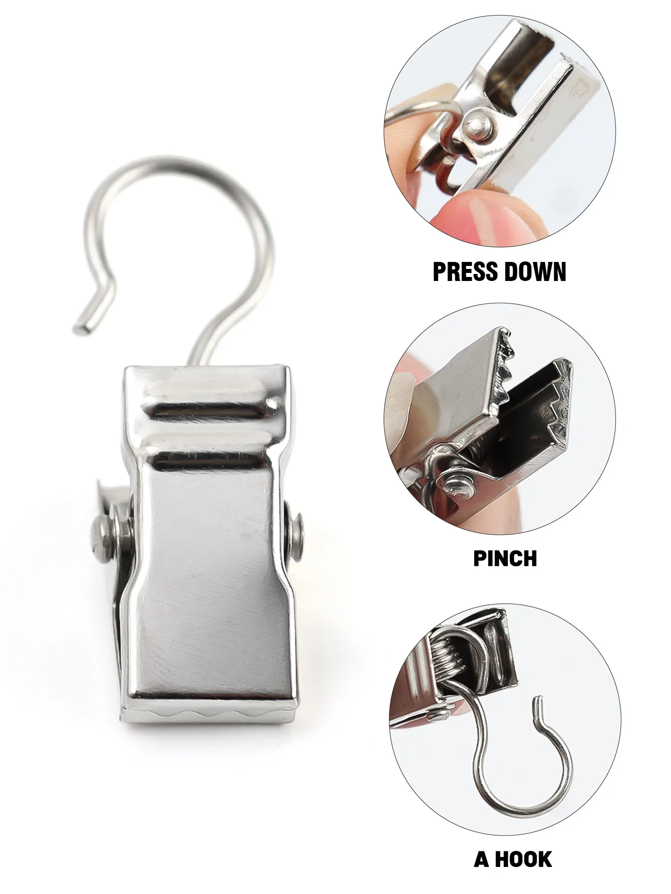 Description Picture 3 of itemLots Stainless Steel Curtain Clips with Hook Window Curtains Hanging Clamps Accessories Home Room Photo Decoration Hooks Clip