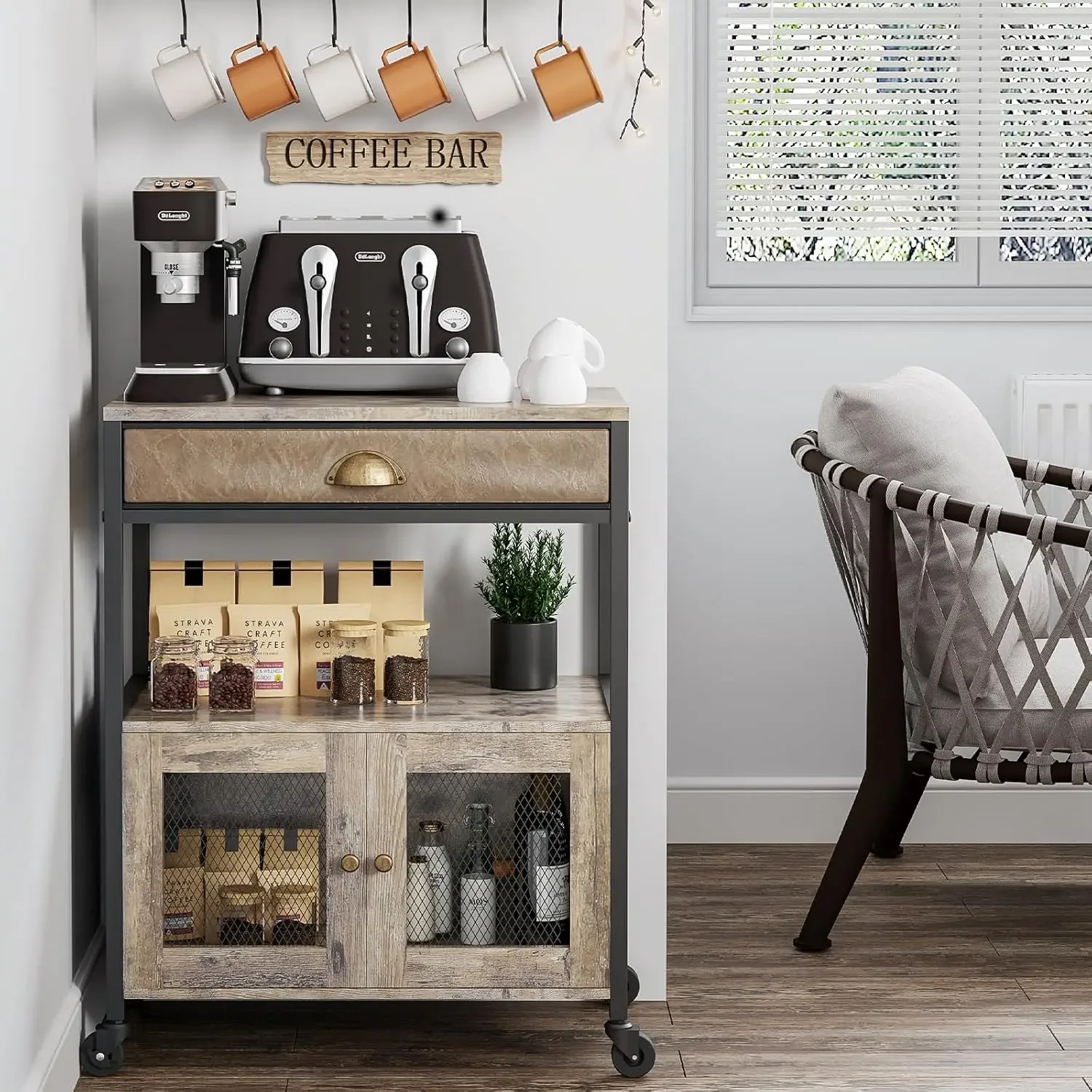 3 Tiers Kitchen Coffee Cart with Drawer for The Home, Movable Farmhouse Coffee Station Table on Wheels