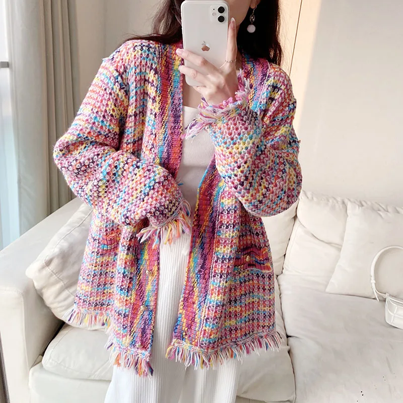 

Miiiix 2024 New Rainbow Gentle Fragrance Flowing Su Sweater Coat Women's Loose and Lazy Knitted Cardigan Female Clothing