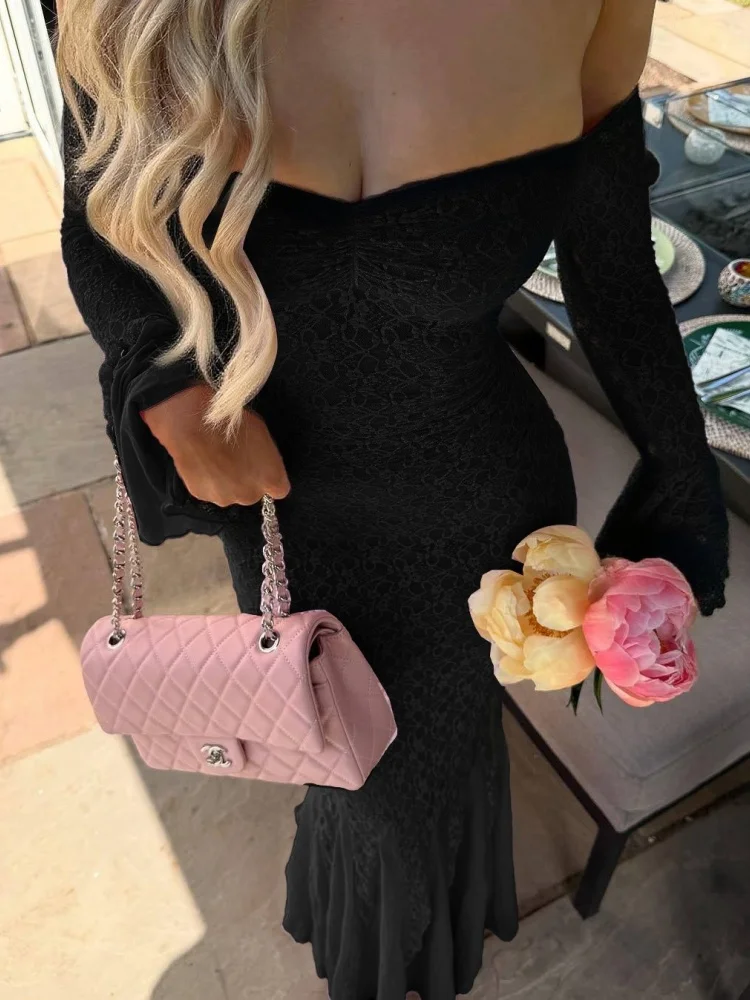 Wmstar Dress Women Wholesale of Fashionable Sexy Clothing Flared Sleeve Strapless One Shoulder Mesh Lace Fishtail Summer 2025