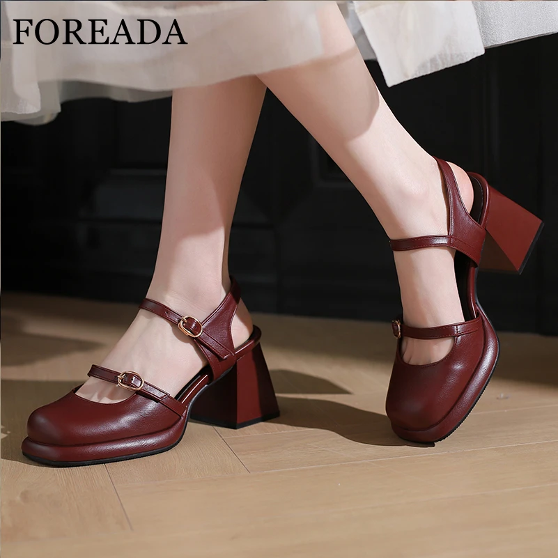 

FOREADA Women Mary Janes Pumps Square Toe Platform Chunky High Heels Buckle Ladies Fashion Shoes Spring Autumn Beige Wine Red 43