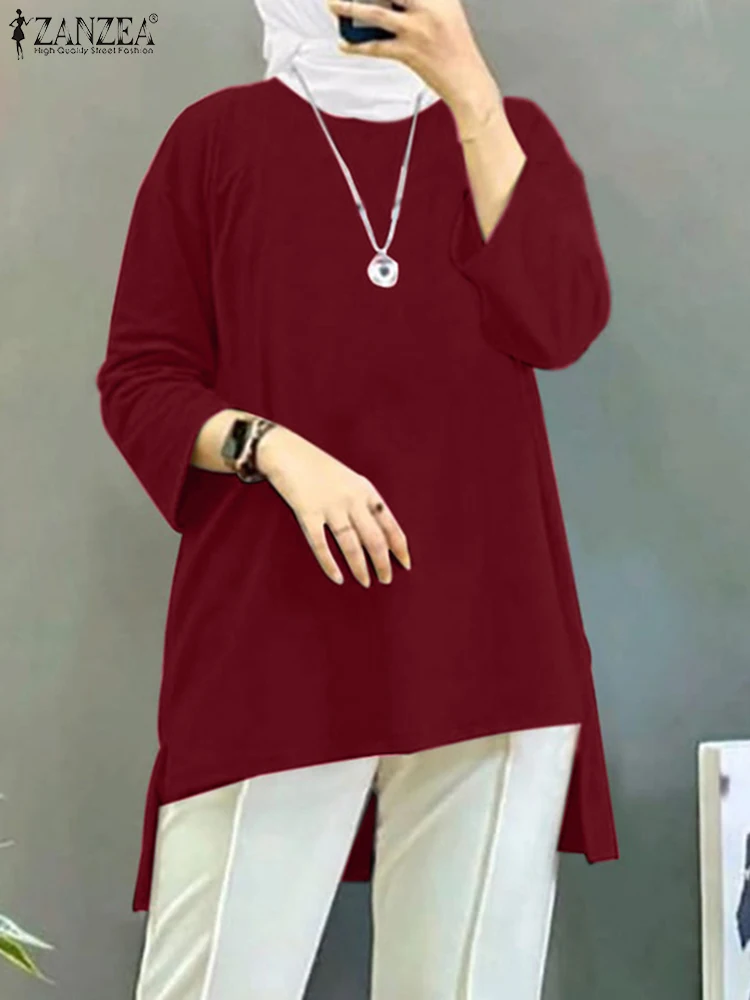 

Женские винтажные мусульманские топы ZANZEA, Весенняя блузка с круглым вырезом и длинным рукавом, модная хиджаб-абайя, рубашка, Повседневная Свободная мусульманская одежда для женщин