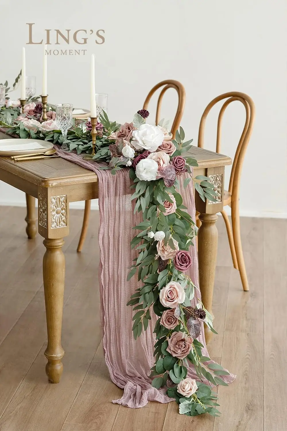 Spring Flower Garland-6FT Eucalyptus & Rose-Sweetheart Table Decor for Wedding Reception, Artificial Floral Garland for