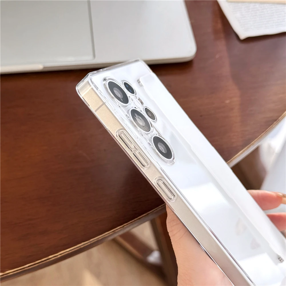 Silicone Elastic Wrist Strap Shockproof Phone Case with Stand Holder - Matte Clear Soft Bumper Cover