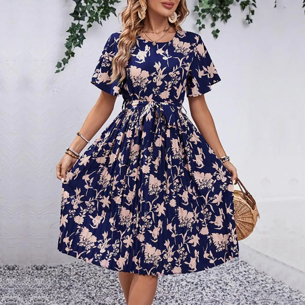 

Loose Fit Summer Dress Floral Print A-line Midi Dress with Lace-up Detail High Waist for Women Summer Round Neck Contrast Color