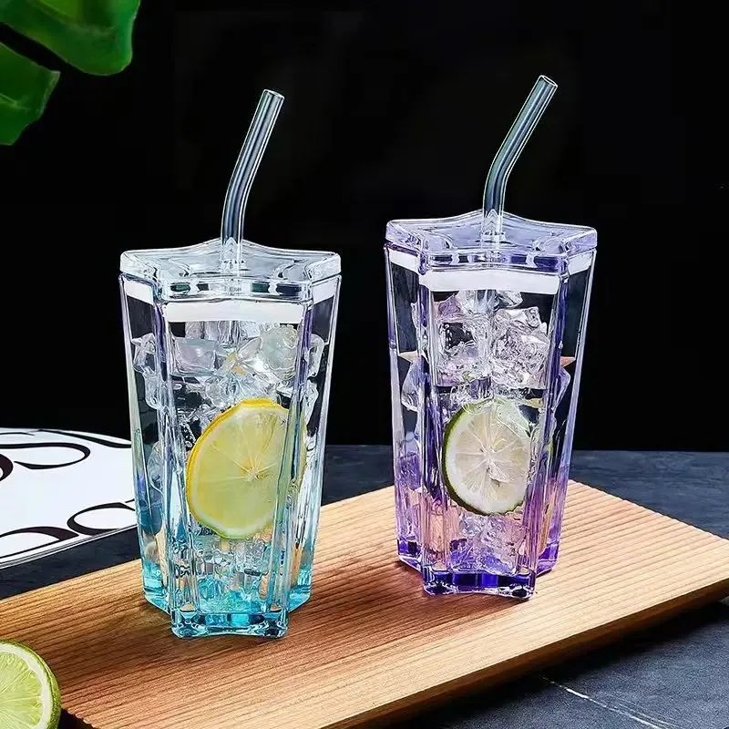 Straw Tumbler Glass 300ml Star Drinking Cups with Straw Pentagonal Coffee Milk Juice Glass Plastic Lid Leakproof