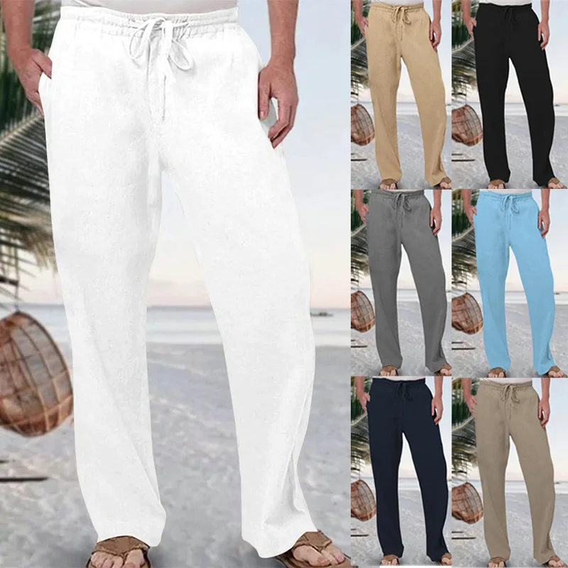

New Men Cotton Linen Trousers Fashion Pure Color Elastic Waist Lace-Up Loose Straight Pants Summer Breathable Daily Casual Pants
