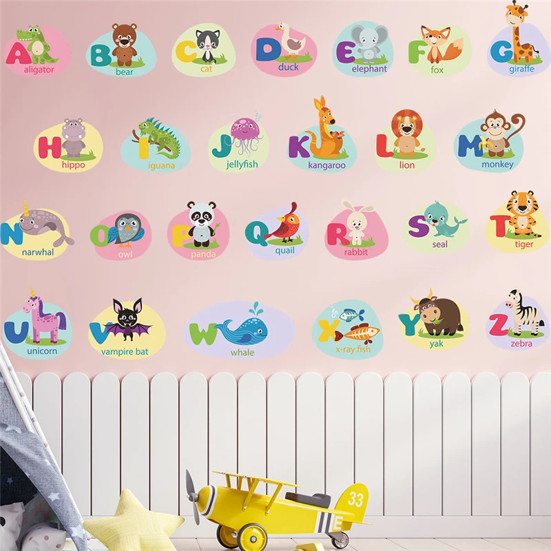 

Learning English Letters With Cute Animals Wall Stickers For Kids Room Decoration Alphabet Mural Art Home Decals Nursery Poster