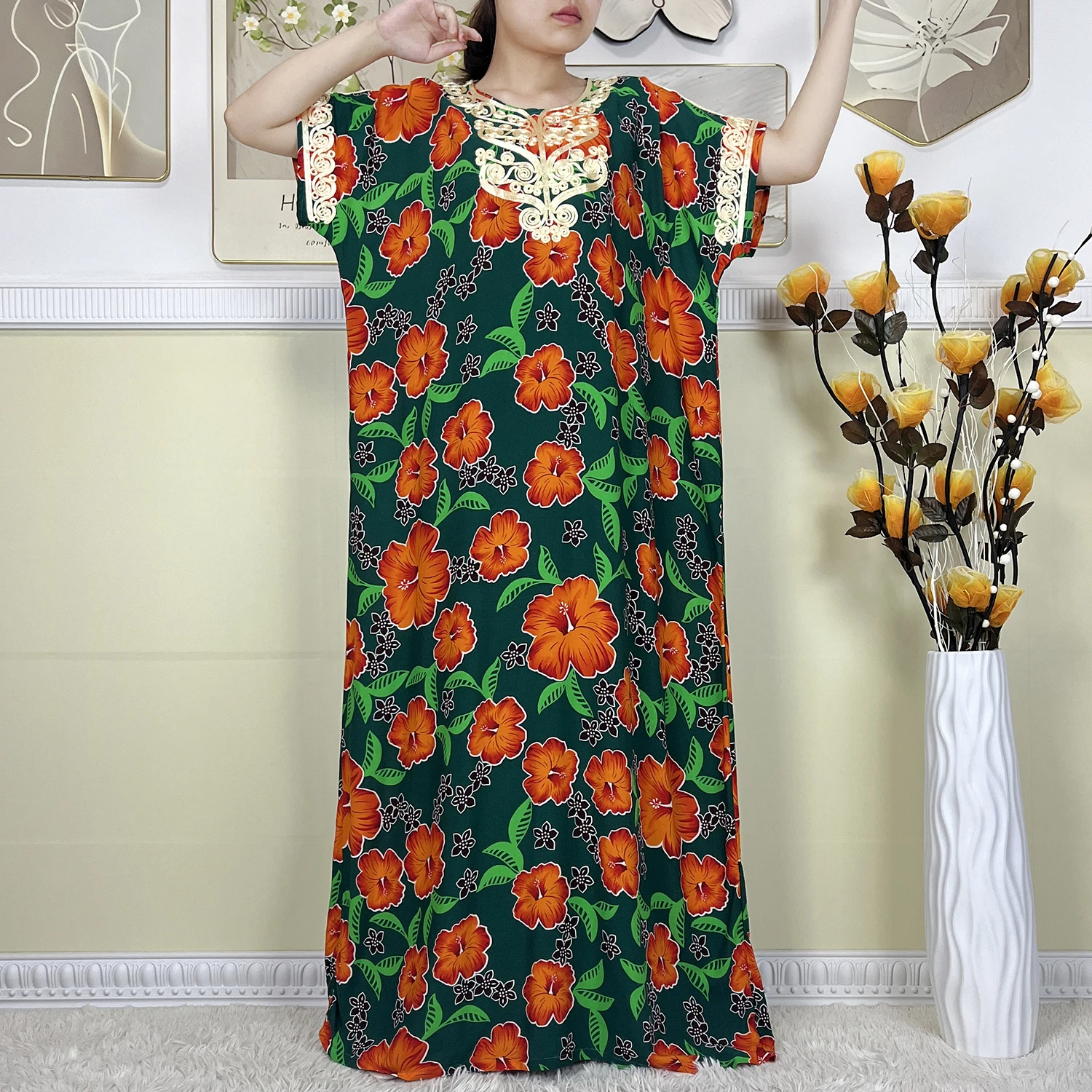 New Summer African Abayas For Women Dashiki Short Sleeves Dress Printed Cotton Floral Loose Robe Kaftan Women's Islam Clothing