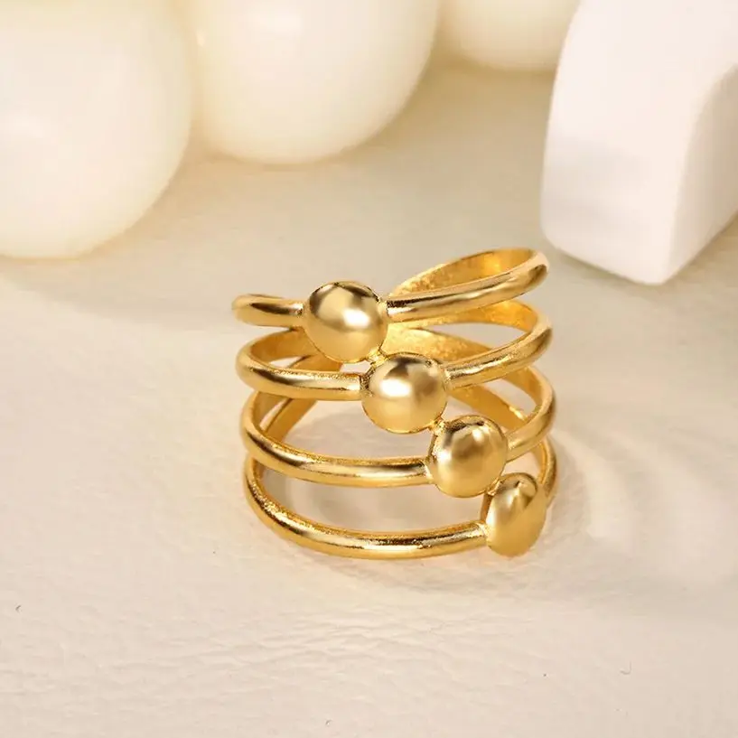 Fashion 3 Rows Beaded Rings for Women Gold Color Stainless Steel