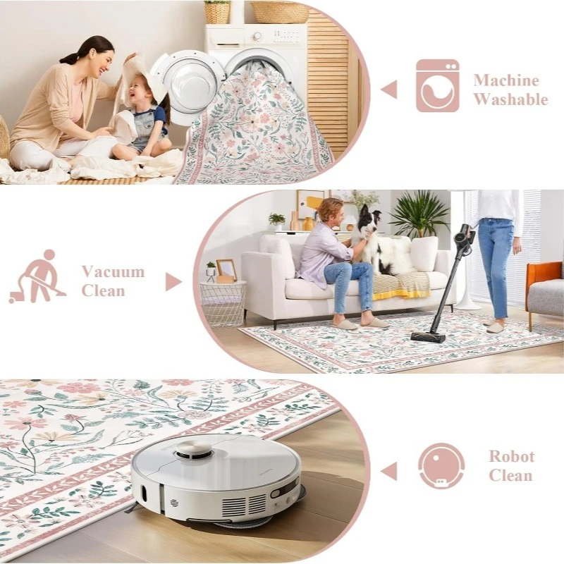Retro Floral Living Room Carpet High-end Creative Luxury Art Design Bedroom Rug Machine Washable Non-slip Coffee Table Mat Tapis