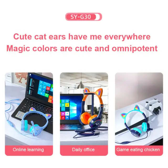 39514-1f98a0.jpg Casque d'écoute de chat rose pour filles, écouteurs de jeu stéréo filaires