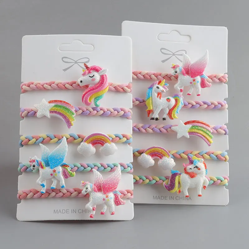 【 5 PCS/Card 】Unicorn Rainbow Hair Loop Headband Set Cartoon Hair Accessories Children's Rubber Band Headband Bracelet Dual Use