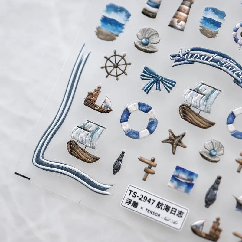 5D Realistic Relief Sailboat Life Buoy Anchor Watchtower Navigator Logbook Adhesive Nail Art Stickers Decals Manicure Charms nail stickers nail art tools nail decals
