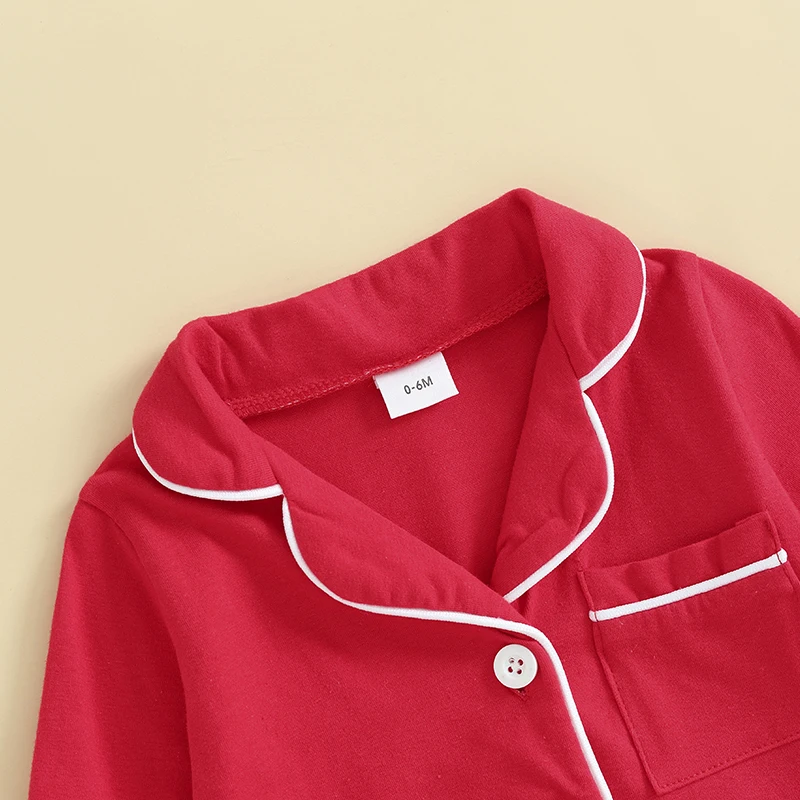 Baby Girls Summer Jumpsuit Pajama Red Long Sleeve Lapel Button Up Sleepwear Romper