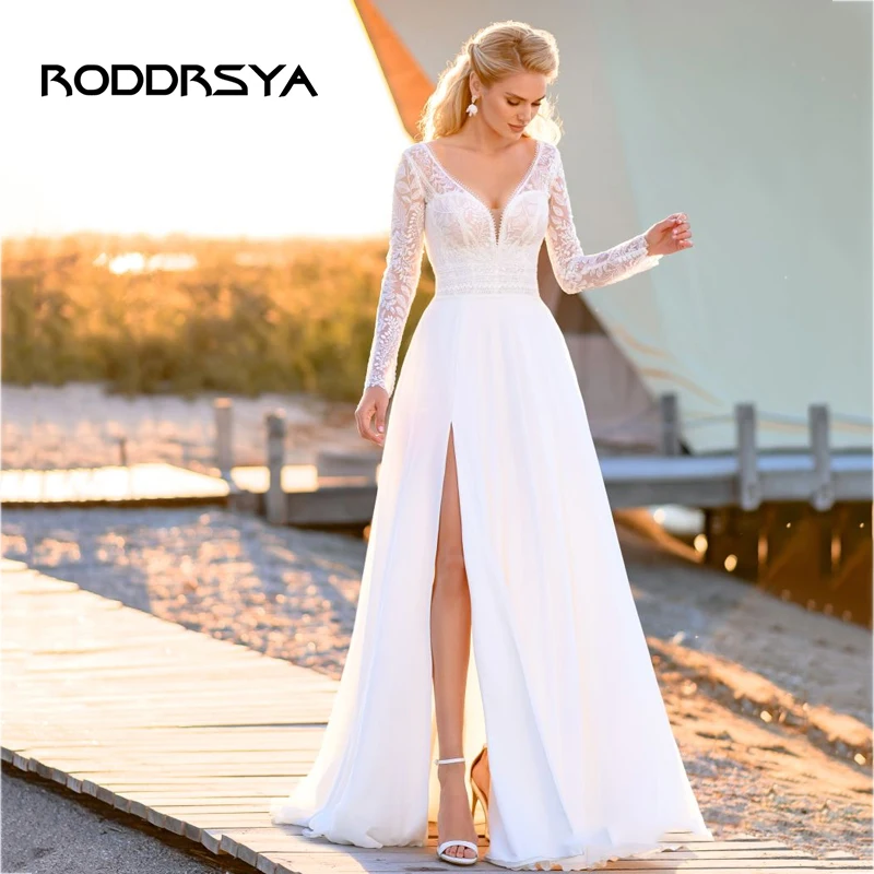 

RODDRSYA Boho Side Slit Wedding Dress Deep V-Neck Long Sleeve Bridal Gowns Simple Chiffon A-Line Illusion vestidos de noiva 2023