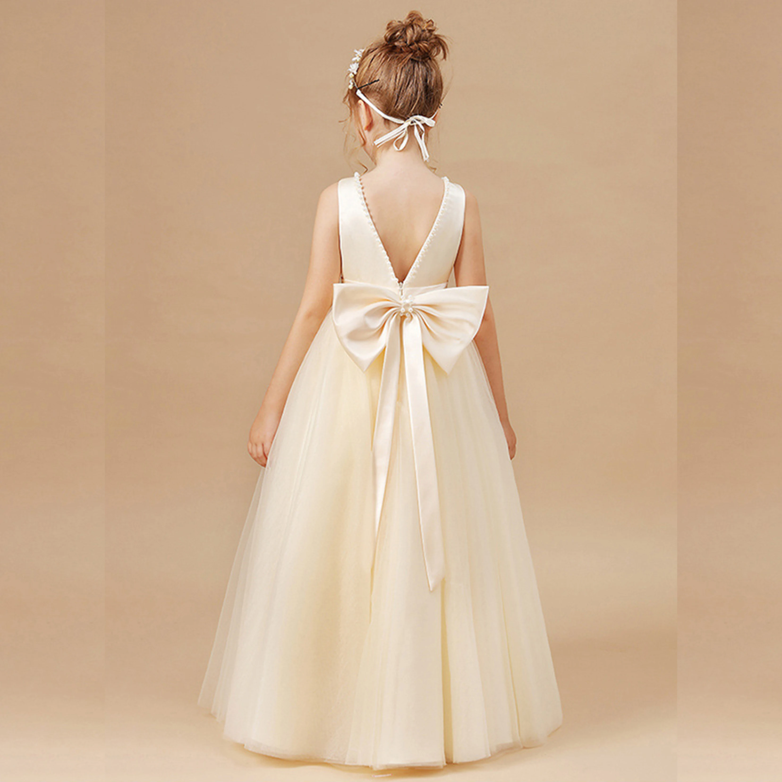 Little/Big Girls Elegant V Backless Big Bowknot Pearls Flower Girl Birthday Party Piano Show Performance Long Dress 3