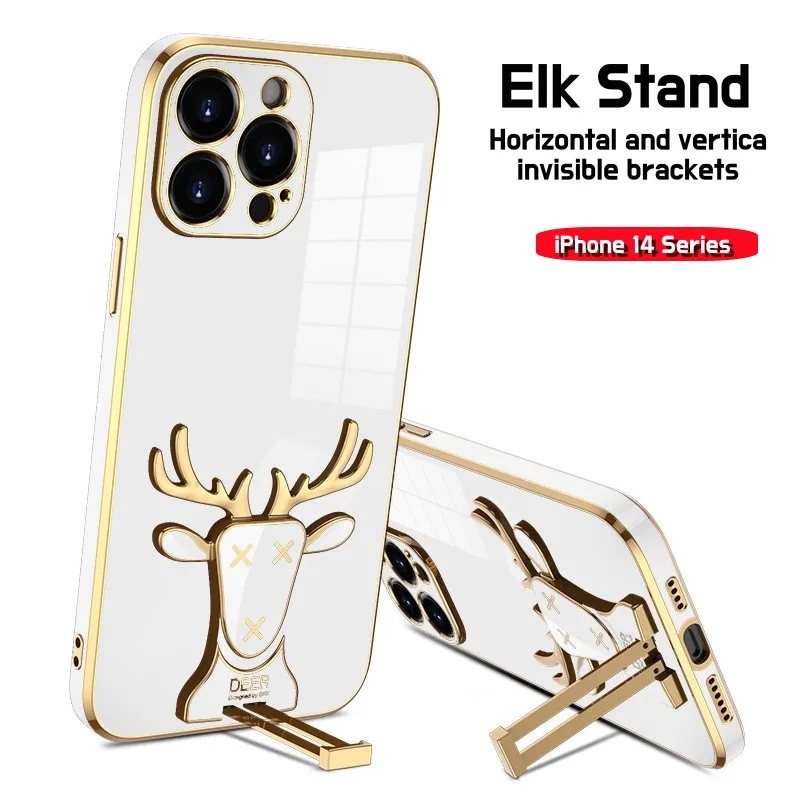 

Phone Case For iPhone 14 Pro Max 14Pro 5G Christmas Elk Three-dimensional Elk Push-pull Invisible Holder For iPhone 14 Funda New