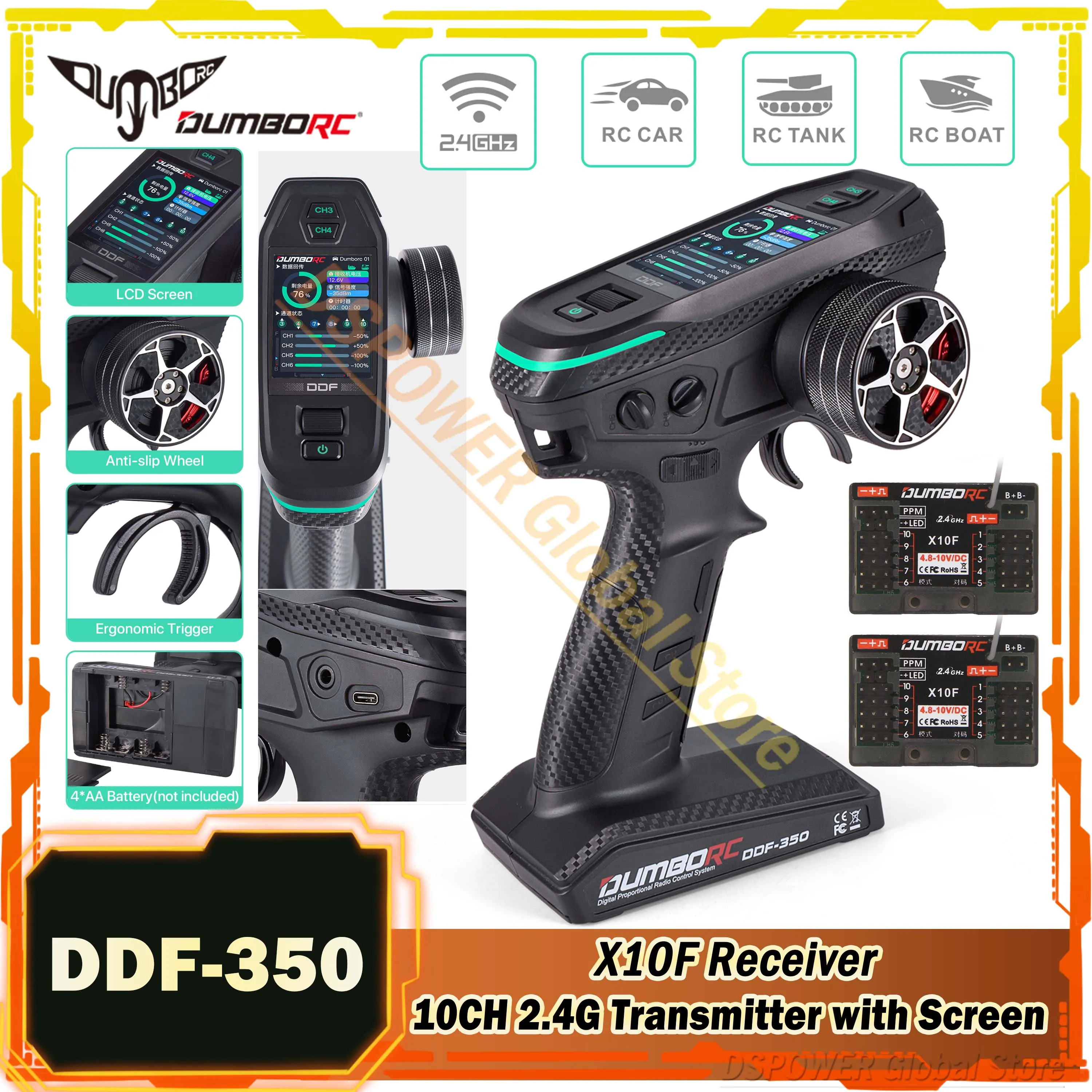 

DUMBORC DDF-350 10CH 2.4Ghz Radio Transmitter Remote Controller with HD Screen X10F Receiver Voltage Return for RC Car Tank Boat