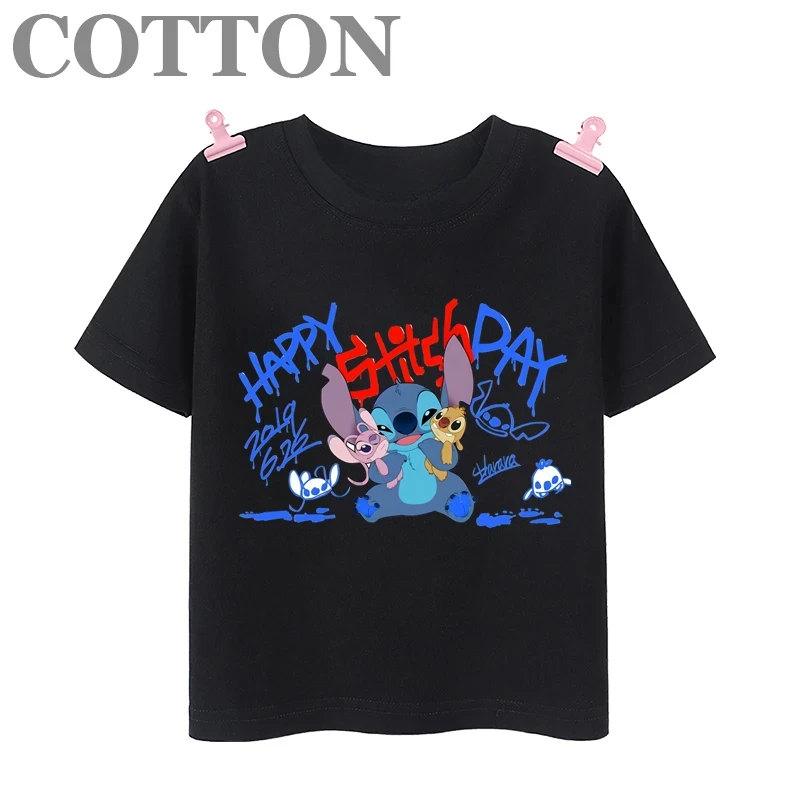 thumbnail image 1 of 2024 Disney Anime Stitch Moda Verano Niños Múltiples Dibujos Animados Algodón Camisetas Cuello Redondo Casual Manga Corta Estampado Patrón, 1 of 5